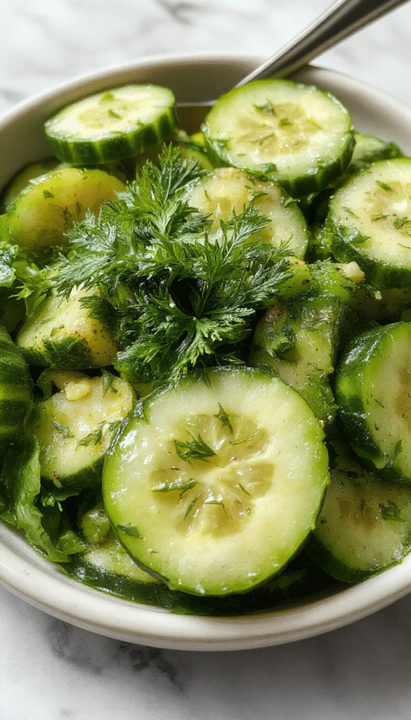 A vibrant cucumber dill salad featuring thinly sliced cucumbers bright green and translucent, topped with fresh dill and lemon wedges on a rustic white plate. The salad has a glossy, slightly creamy dressing, garnished with sprigs of dill and lemon zest, styled with a soft-focus background and natural light highlighting the fresh textures and colors.
