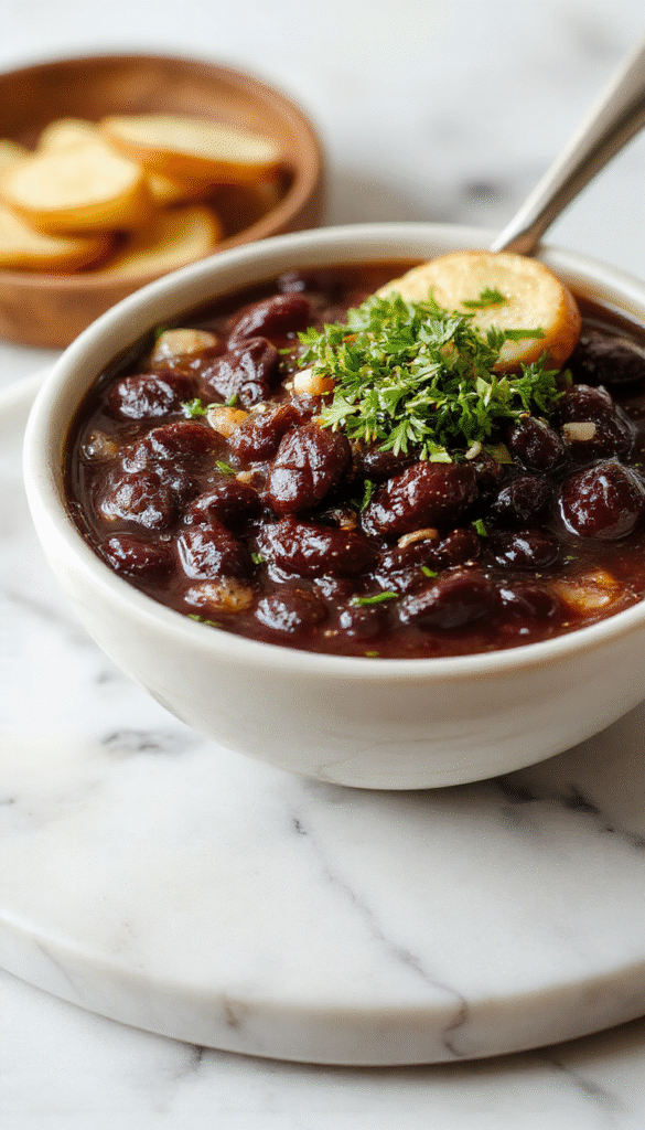 A vibrant bowl of black bean soup garnished with fresh cilantro, chopped tomatoes, and a dollop of sour cream. The soup has a rich, dark color with a smooth, velvety texture, served on a rustic wooden table with a spoon and a slice of crusty bread in the background.