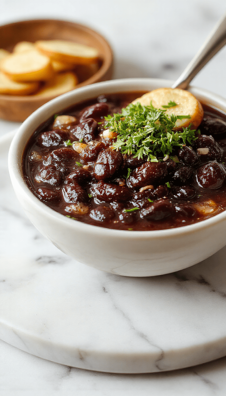 A vibrant bowl of black bean soup garnished with fresh cilantro, chopped tomatoes, and a dollop of sour cream. The soup has a rich, dark color with a smooth, velvety texture, served on a rustic wooden table with a spoon and a slice of crusty bread in the background.