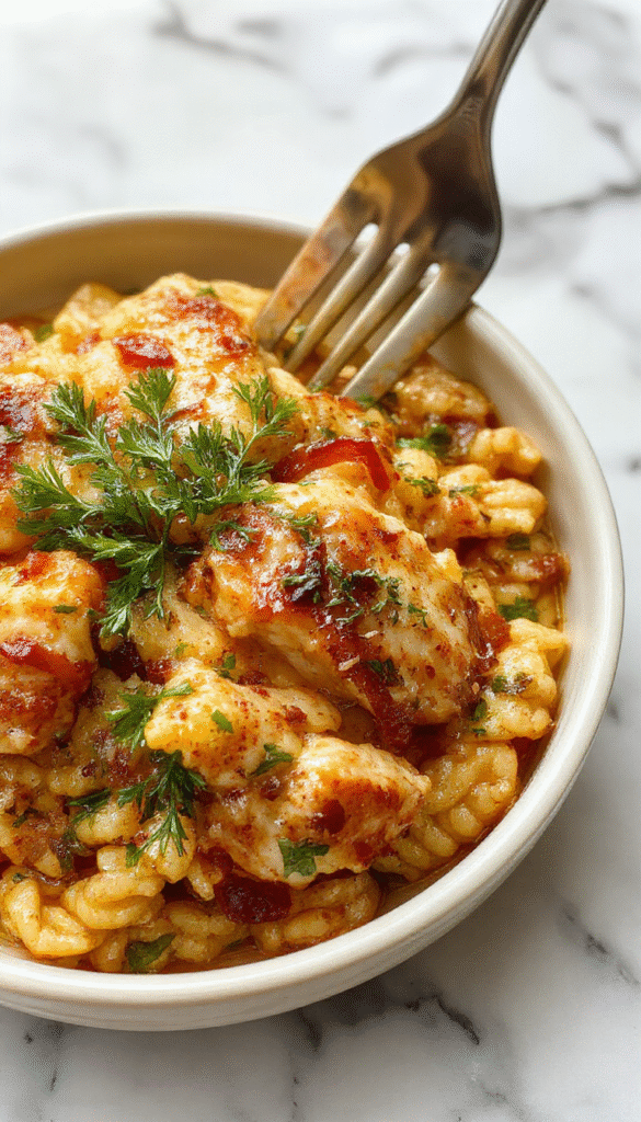 A vibrant dish featuring tender Cajun-spiced chicken pieces atop steaming orzo pasta, garnished with green herbs and colorful bell peppers on a rustic wooden table