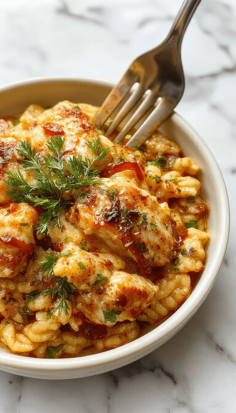 A vibrant dish featuring tender Cajun-spiced chicken pieces atop steaming orzo pasta, garnished with green herbs and colorful bell peppers on a rustic wooden table