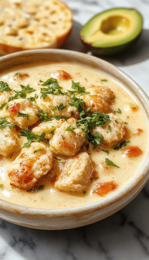 A bowl of creamy white chicken chili garnished with chopped cilantro and shredded cheese, with visible tender chunks of chicken and smooth beans, served in a rustic white bowl on a wooden surface, with a spoon resting beside it, vibrant green garnish contrasts with the rich, creamy texture.