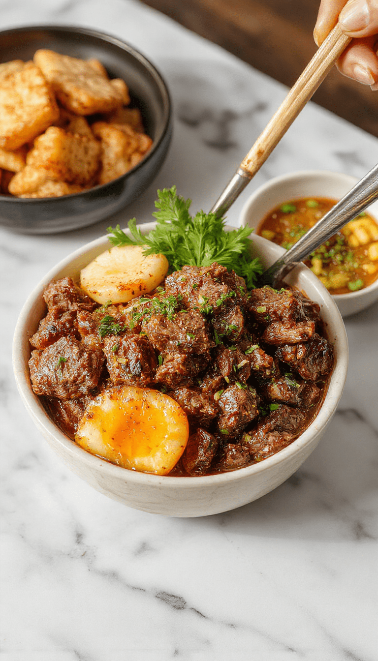 A vibrant Korean ground beef bowl served in a white ceramic dish, topped with chopped green onions, sesame seeds, and fresh cilantro. The beef is glazed with a savory sauce, surrounded by steamed rice, sliced cucumbers, and pickled vegetables. The colorful dish features rich caramel brown beef with glossy sauce textures and fresh green garnishes, styled for a modern Asian-inspired presentation.