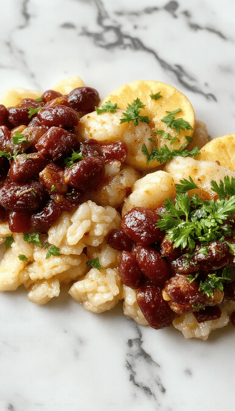 A vibrant plate of Louisiana red beans and rice featuring rich red beans simmered in spices, served over fluffy white rice, garnished with chopped green onions and slices of smoked sausage on a rustic wooden table