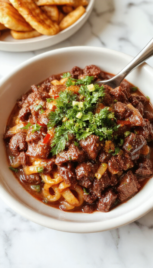 A vibrant plate of Mongolian ground beef noodles showcasing glossy, caramelized ground beef atop al dente noodles, garnished with green onions and sesame seeds on a rustic wooden surface with bright, inviting lighting.