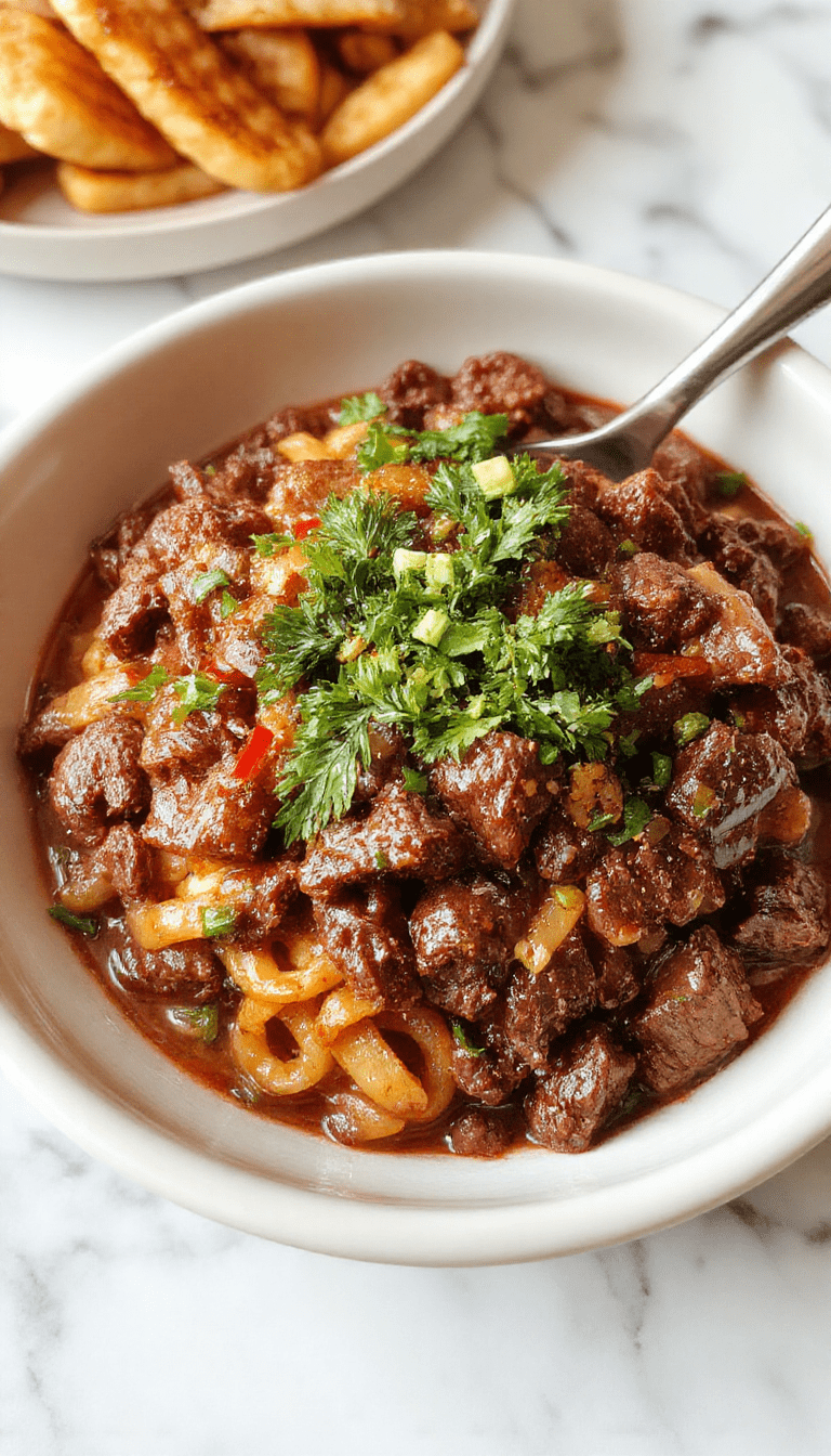 A vibrant plate of Mongolian ground beef noodles showcasing glossy, caramelized ground beef atop al dente noodles, garnished with green onions and sesame seeds on a rustic wooden surface with bright, inviting lighting.