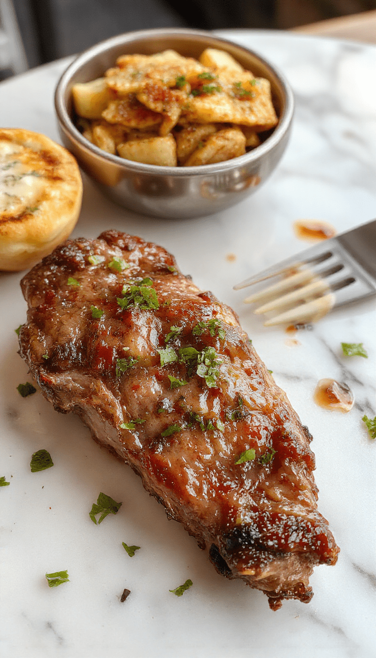 Colorful pepper steak served on a white plate with vibrant red and green bell peppers, caramelized onions, and tender sliced beef. The dish is garnished with fresh herbs, showcasing glossy, juicy meat with a hint of spice, styled on a rustic wooden table with a side of rice.
