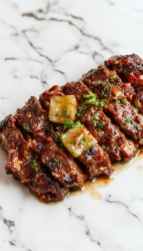 Colorful pepper steak dish featuring sliced beef cooked with vibrant red and green bell peppers and onion, arranged on a white plate with a glossy glaze, garnished with fresh herbs, styled for a rustic kitchen setting.