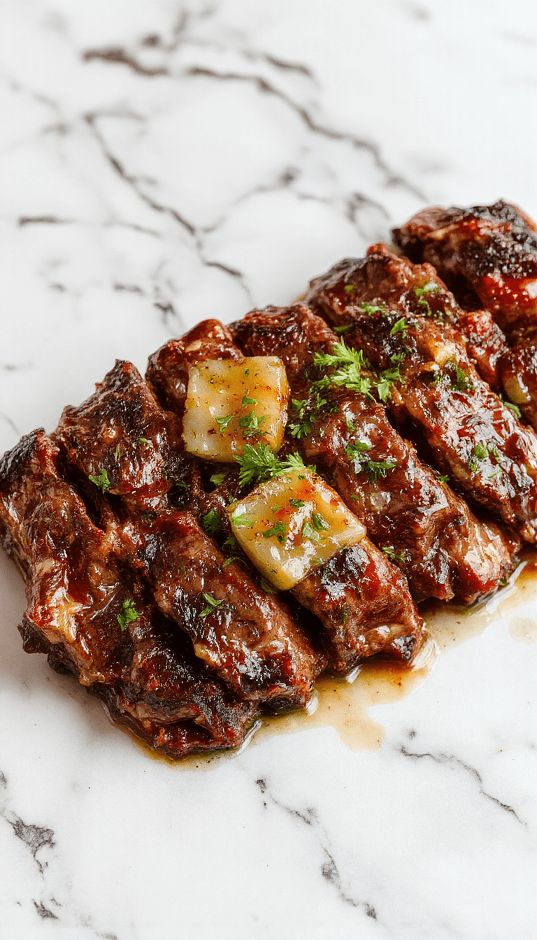 Colorful pepper steak dish featuring sliced beef cooked with vibrant red and green bell peppers and onion, arranged on a white plate with a glossy glaze, garnished with fresh herbs, styled for a rustic kitchen setting.