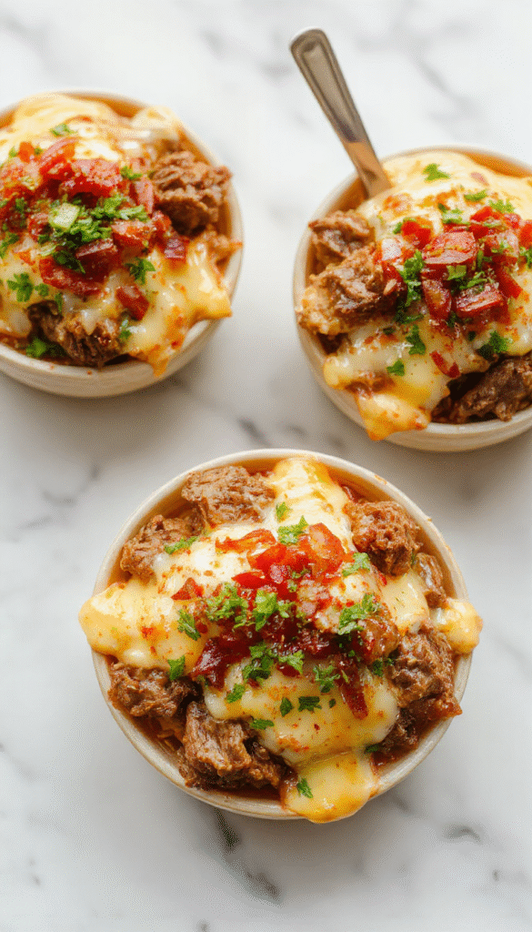 A vibrant plate of Philly Cheesesteak Bowls featuring thinly sliced beef, melted provolone cheese, caramelized onions, green peppers, and crispy fried onions on top, served in clear glass bowls with a side of fresh greens. The dish showcases a colorful, tempting presentation with gooey cheese and crispy textures, styled on a rustic wooden table with natural lighting highlighting the savory ingredients.