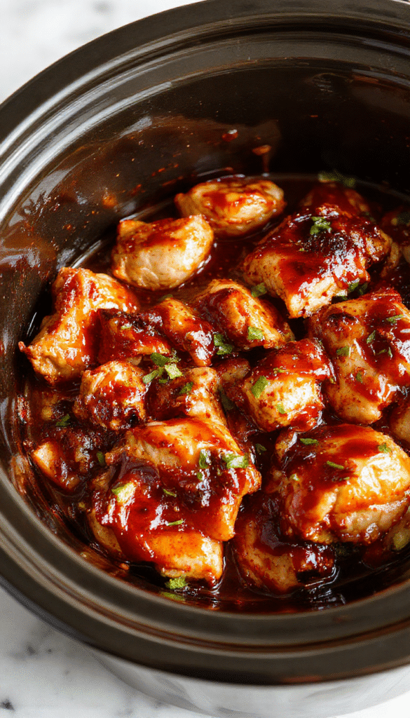Colorful plated crockpot teriyaki chicken featuring golden-brown tender chicken covered in a glossy, rich teriyaki glaze, garnished with sesame seeds and chopped green onions on a rustic wooden table.