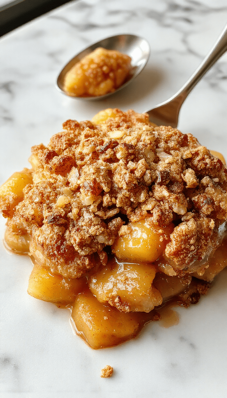 A warm, golden apple crisp served in a rustic white bowl, topped with a generous scoop of vanilla ice cream melting slightly. The dish is garnished with a dusting of powdered sugar and cinnamon, with fresh apple slices and oats visible in the crisp topping. The background features a wooden table with a cozy, inviting atmosphere, emphasizing comfort and homestyle baking.