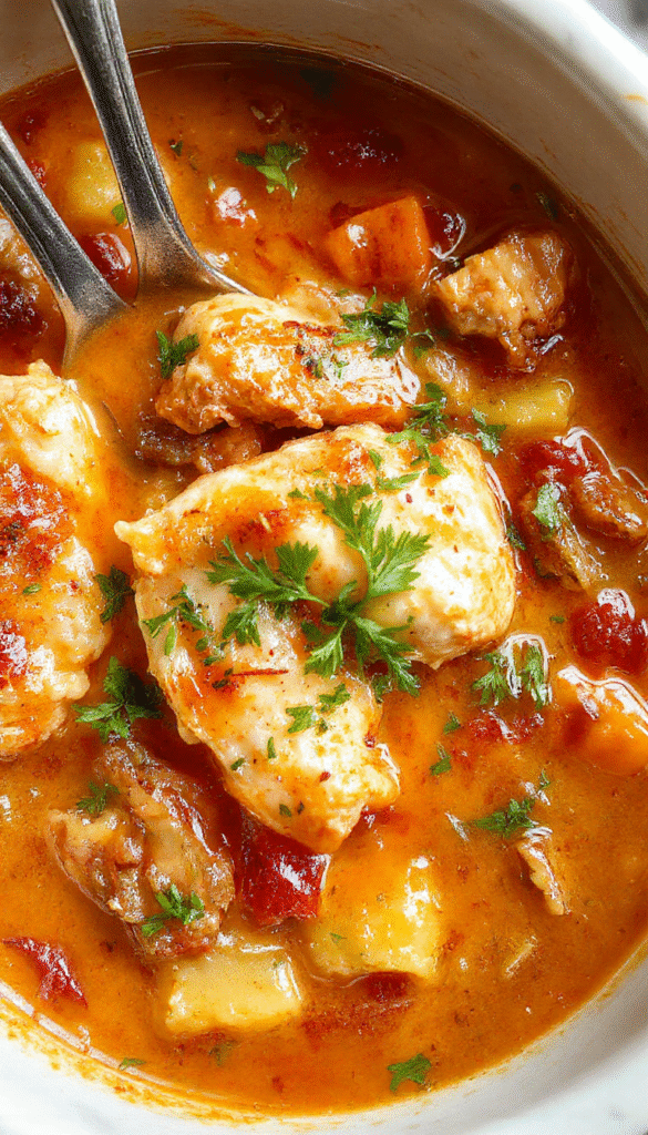 A rustic white bowl filled with hearty chicken stew featuring tender shredded chicken, vibrant carrots, potatoes, celery, and herbs in a rich, steaming broth. The dish is garnished with fresh parsley, with steam rising, set on a wooden table with a cozy ambiance, inviting comfort and warmth.