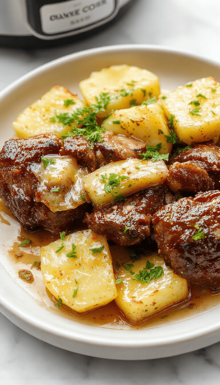 Colorful plate featuring tender beef bites glazed with garlic butter, golden roasted potatoes garnished with fresh herbs, styled on a rustic wooden table with a warm ambiance.