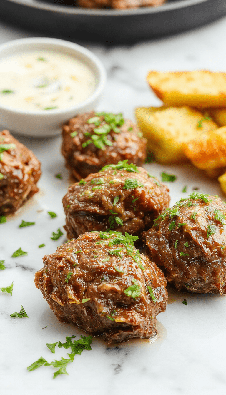 A close-up of tender beef bites coated in golden garlic butter sauce, served on a white plate garnished with chopped parsley, with a rustic wooden background and a sprig of garlic nearby, highlighting the juicy textures and aromatic herbs.
