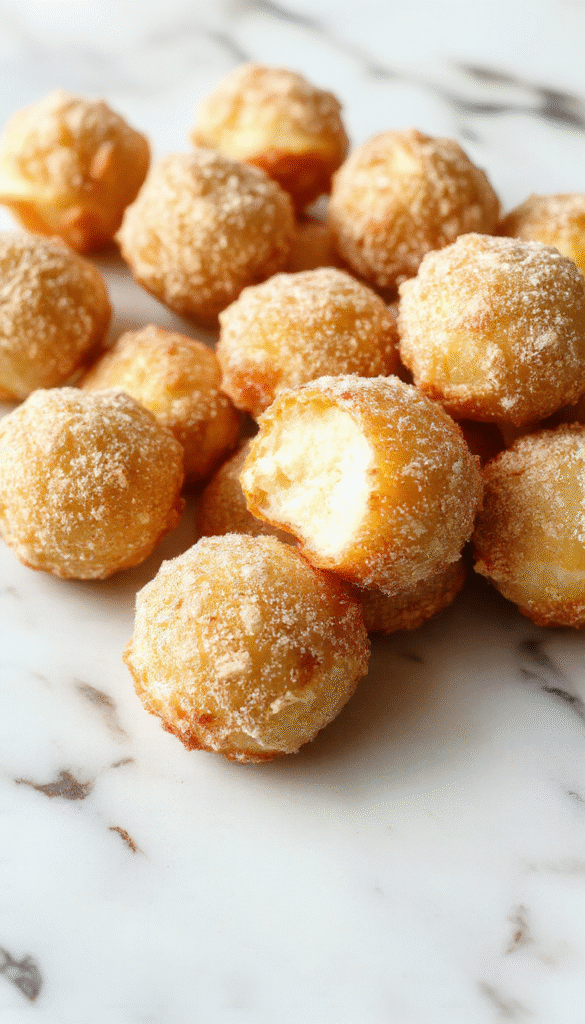 A close-up image of golden-brown fluffy churro bites coated in cinnamon sugar, arranged on a white plate with a sprinkle of cinnamon, styled with a rustic wooden background and a dipping sauce on the side.