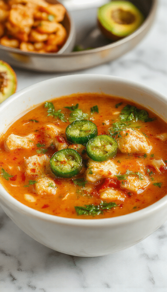 A vibrant bowl of spicy jalapeño popper chicken soup featuring shredded chicken, melted cheese, and sliced jalapeños garnished with fresh cilantro, served in a rustic bowl on a wooden table with chopped jalapeños and cheese around it.