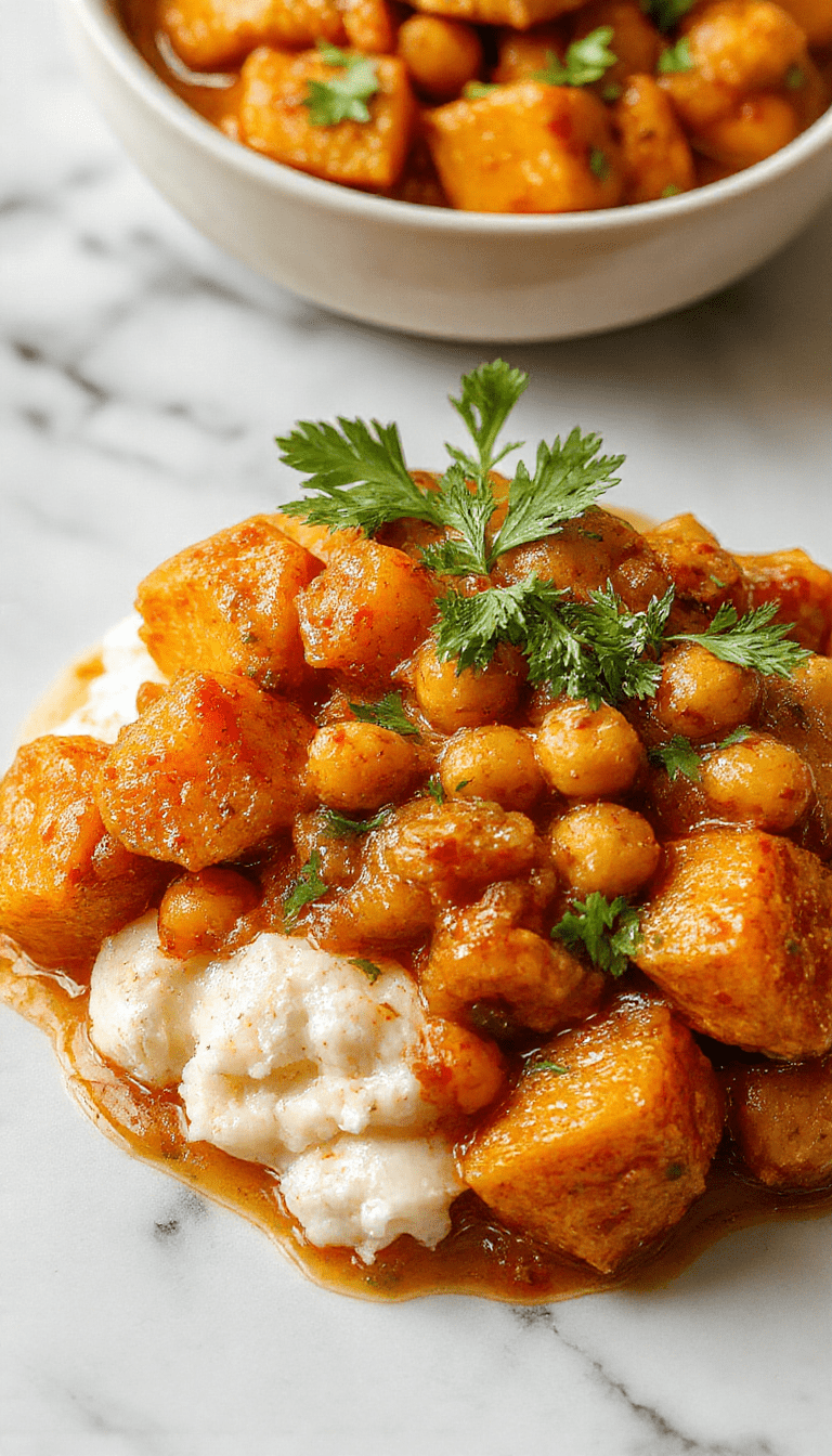 A vibrant bowl of sweet potato and chickpea curry showcases rich orange sweet potatoes, tender chickpeas, and a fragrant, spiced tomato sauce. The dish is garnished with fresh cilantro, with a spoon scooping into the creamy, textured curry, set on a rustic wooden table with colorful condiments nearby.