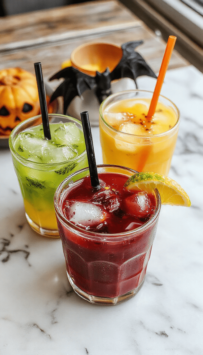 Colorful Halloween themed drinks displayed in clear glasses with spooky decorations, orange and green liquids, gummy worms, and spooky straws, styled on a dark table with pumpkins and cobwebs in the background