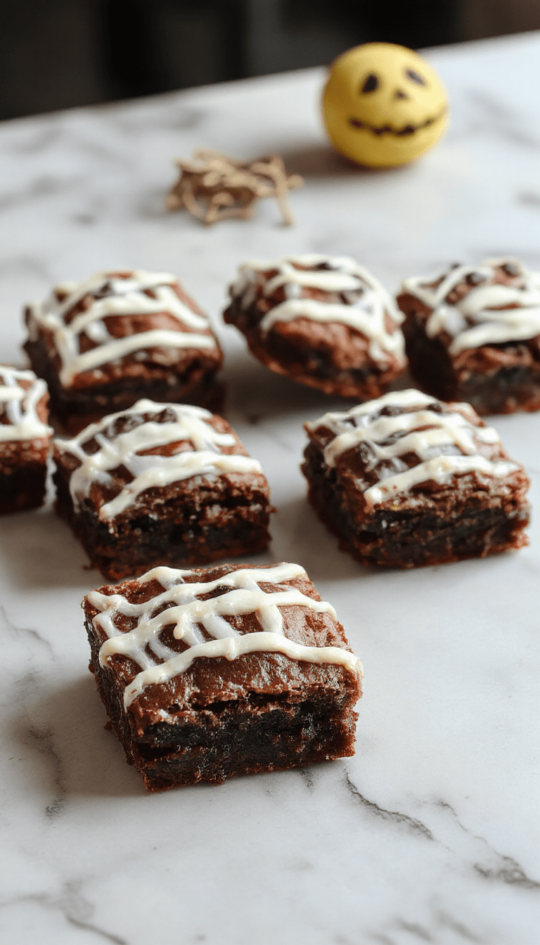 A plate of spooky mummy brownies with creamy white icing bandages and candy eyes, displayed on a dark wooden table with eerie Halloween decorations, creating a festive and sinister atmosphere.