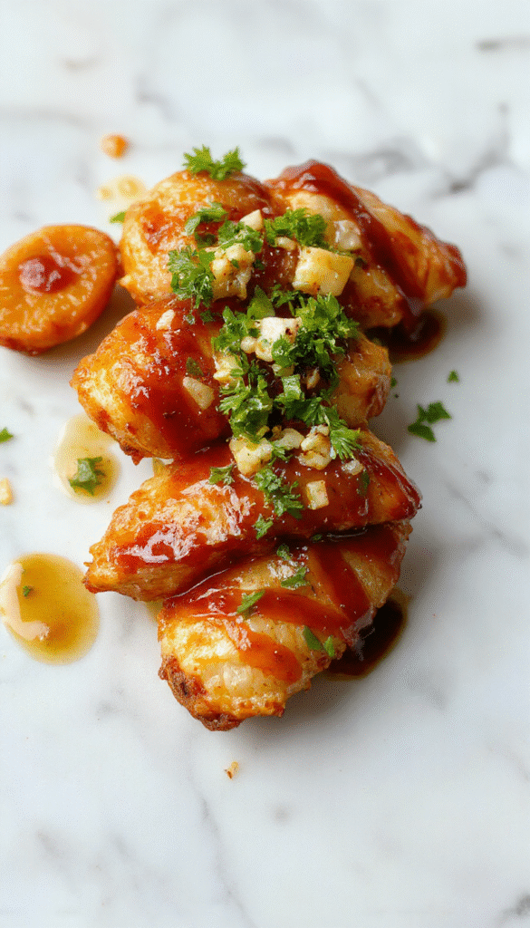 A close-up of a glossy honey garlic chicken dish served on a white plate, garnished with chopped green onions and sesame seeds, with a caramelized garlic sauce highlighting the tender chicken pieces, set against a rustic wooden table.