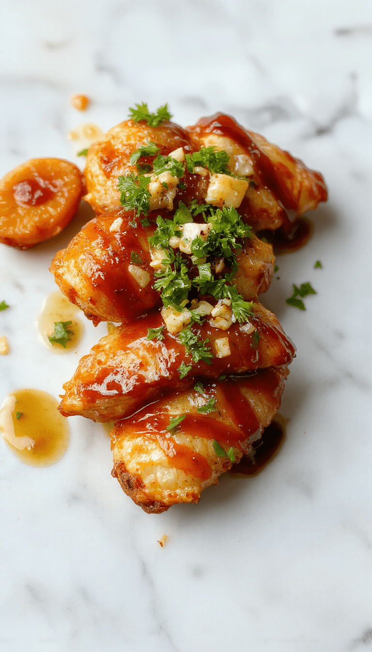 A close-up of a glossy honey garlic chicken dish served on a white plate, garnished with chopped green onions and sesame seeds, with a caramelized garlic sauce highlighting the tender chicken pieces, set against a rustic wooden table.