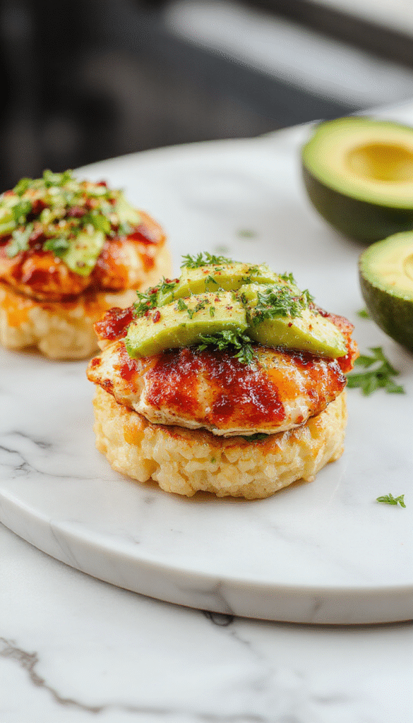 Colorful layered rice stacks topped with slices of golden grilled chicken glazed in honey lime sauce, creamy avocado slices, and fresh herbs, presented on a white plate with vibrant garnishes, showcasing textures of tender chicken, fluffy rice, and smooth avocado.
