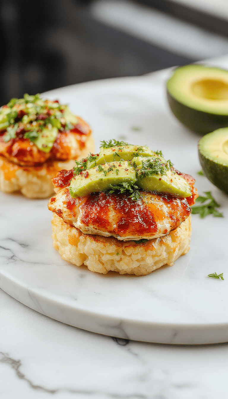 Colorful layered rice stacks topped with slices of golden grilled chicken glazed in honey lime sauce, creamy avocado slices, and fresh herbs, presented on a white plate with vibrant garnishes, showcasing textures of tender chicken, fluffy rice, and smooth avocado.
