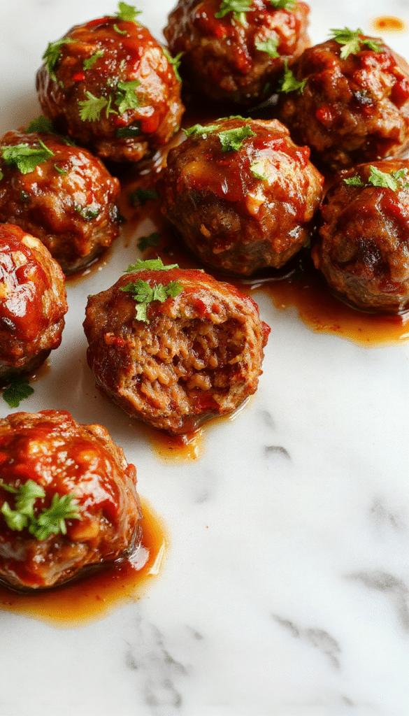 Colorful plate of glossy Asian turkey meatballs drizzled with spicy sesame sauce, garnished with chopped green onions and sesame seeds, arranged neatly on a white ceramic dish with a background of chopsticks and fresh herbs, showcasing textures of tender meatballs and vibrant sauce.