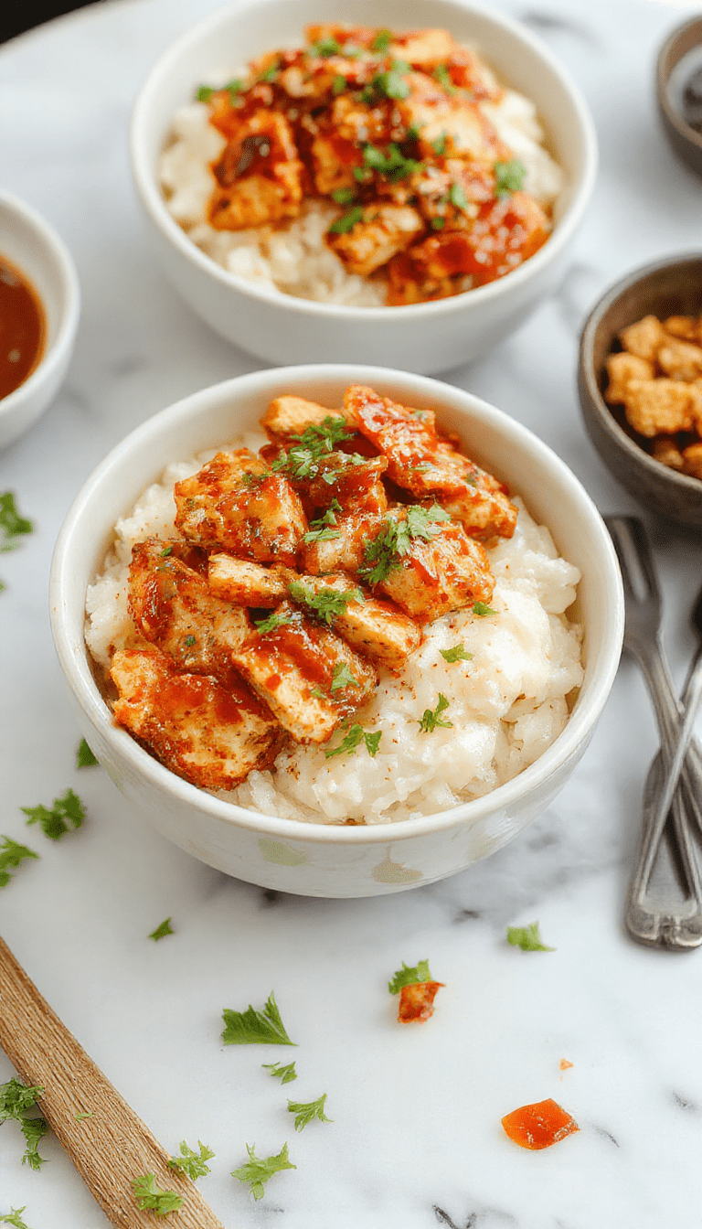 A vibrant bowl featuring golden grilled chicken glazed with honey and smoked chipotle peppers, served over fluffy white rice. The dish is garnished with fresh cilantro, slices of lime, and a drizzle of honey, with a backdrop of colorful vegetables and a rustic wooden table.