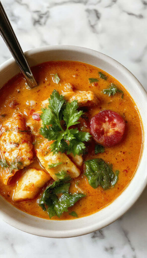 A vibrant bowl of Thai red curry noodle soup with rich red broth, topped with fresh cilantro, sliced red chili, and lime wedges. The noodles are thick and coated with the spicy, fragrant broth. The bowl is on a bamboo placemat with side garnishes of fresh herbs and colorful vegetables, highlighting textures and warm tones.