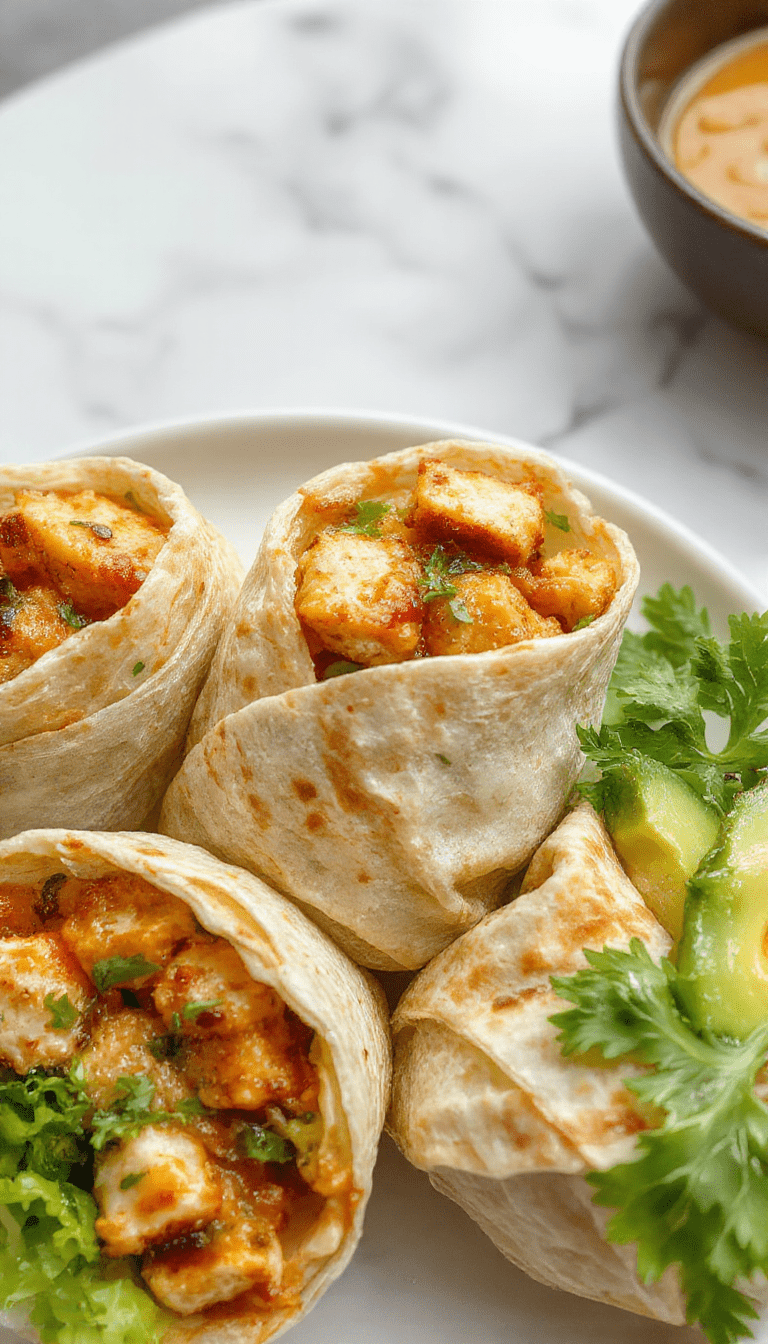 A colorful plate of Thai peanut chicken wraps featuring golden-brown grilled chicken pieces nestled in soft tortillas, drizzled with rich peanut sauce, garnished with chopped peanuts, shredded lettuce, and fresh herbs. The wraps are neatly folded on a rustic wooden surface, with vibrant greens and creamy sauces contrasting beautifully, styled for an appetizing and inviting presentation.