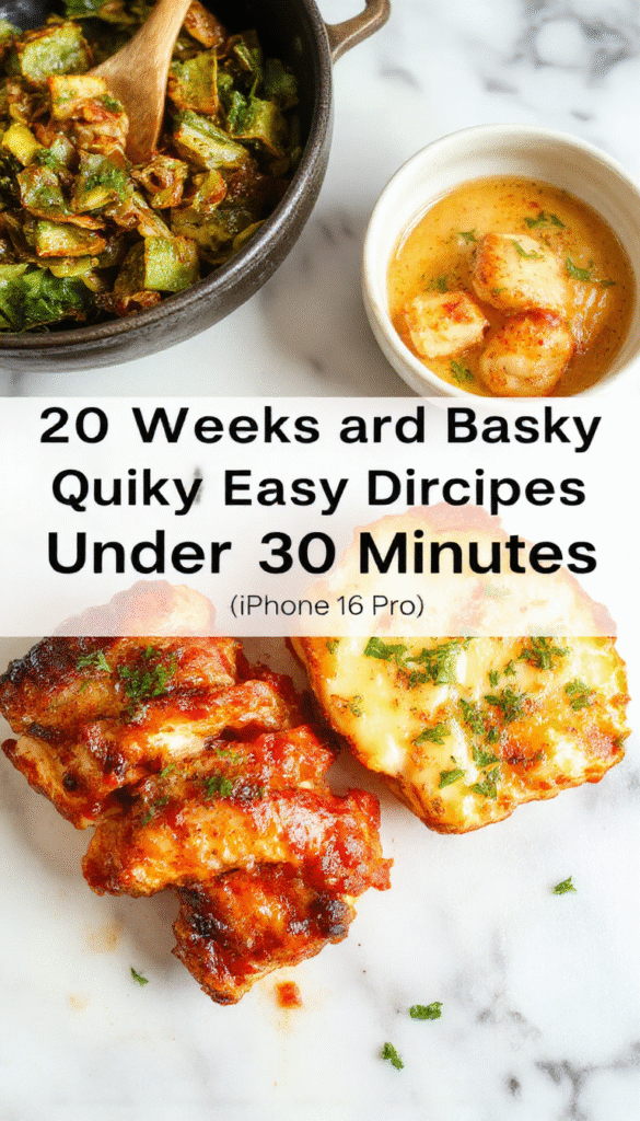 Colorful spread of plated quick dinner dishes including grilled chicken, veggie stir-fry, and pasta Alfredo on a rustic wooden table styled simply with fresh herbs and vibrant vegetables