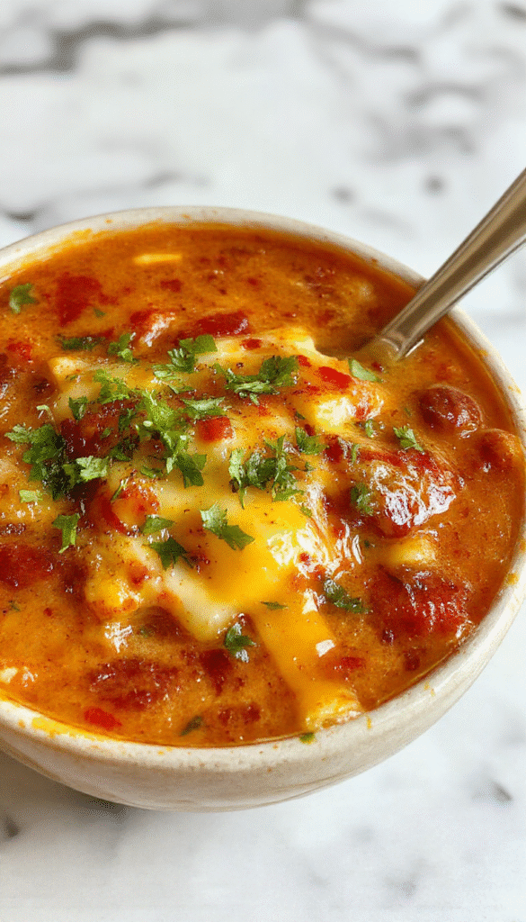A warm bowl of cheeseburger soup topped with melted cheese, crispy bacon bits, chopped green onions, and sesame seed bun crumbles on a rustic wooden table with a spoon beside it, with steam rising and vibrant colors highlighting the creamy texture and savory ingredients.