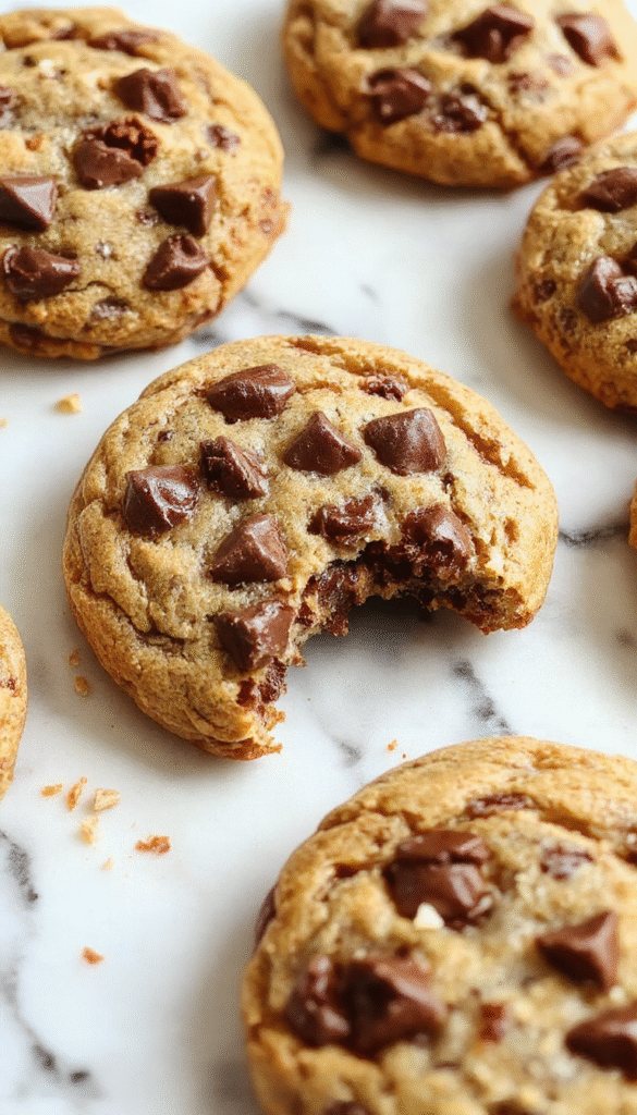 A close-up of freshly baked chewy chocolate chip cookies arranged on a rustic wooden platter, showcasing golden-brown edges, gooey chocolate chips melting on top, and a soft, chewy texture visible on the cut-open cookies, styled with a sprig of mint for garnish.