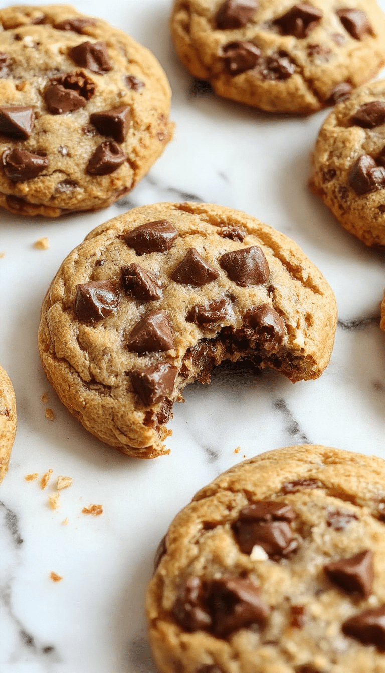 A close-up of freshly baked chewy chocolate chip cookies arranged on a rustic wooden platter, showcasing golden-brown edges, gooey chocolate chips melting on top, and a soft, chewy texture visible on the cut-open cookies, styled with a sprig of mint for garnish.