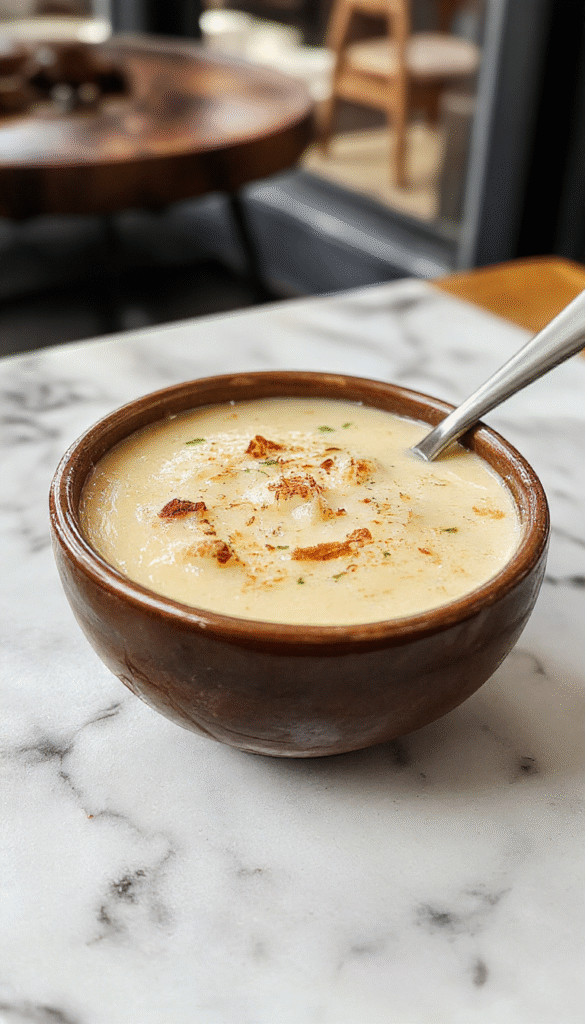 A steaming bowl of French onion soup featuring golden-brown caramelized onions atop crusty toasted baguette slices, melted gruyere cheese bubbling around the edges, served in a rustic white ramekin with a sprig of thyme on top, set against a dark wooden table with a spoon resting nearby.