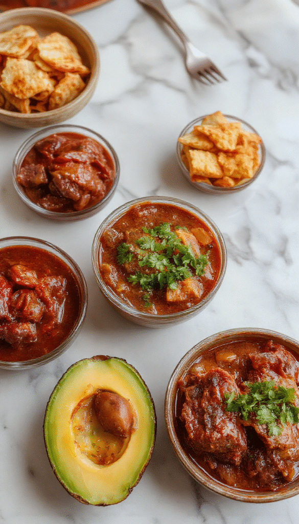 A vibrant plate of Mexican Birria featuring tender shredded beef in rich red broth, garnished with chopped cilantro, lime wedges, and sliced onions. The dish is served in a traditional clay bowl with crispy corn tortillas on the side, surrounded by colorful salsa and fresh ingredients, highlighting the savory textures and bold flavors of the authentic Mexican stew.