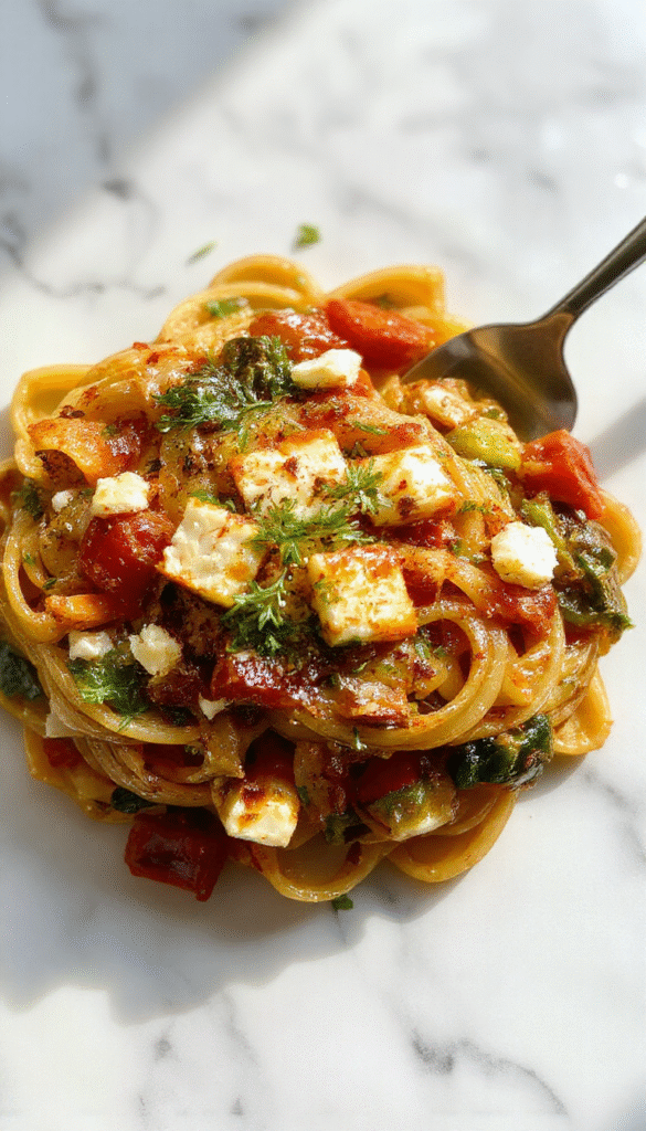 A colorful plate of veggie pasta topped with golden-baked feta, garnished with fresh herbs. The pasta is vibrant with cherry tomatoes, spinach, and bell peppers, contrasted against the crisp, slightly browned feta cubes. The dish is elegantly plated on a white ceramic dish with a rustic wooden background, highlighting textures and fresh ingredients.