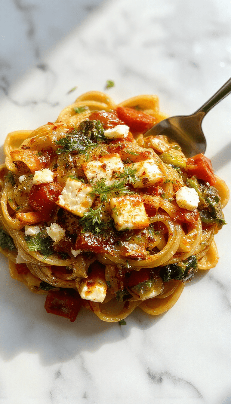 A colorful plate of veggie pasta topped with golden-baked feta, garnished with fresh herbs. The pasta is vibrant with cherry tomatoes, spinach, and bell peppers, contrasted against the crisp, slightly browned feta cubes. The dish is elegantly plated on a white ceramic dish with a rustic wooden background, highlighting textures and fresh ingredients.