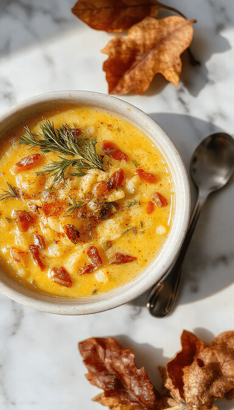 A hearty bowl of autumn wild rice soup featuring tender wild rice, colorful roasted vegetables, and fresh herbs on a rustic wooden table with warm lighting.