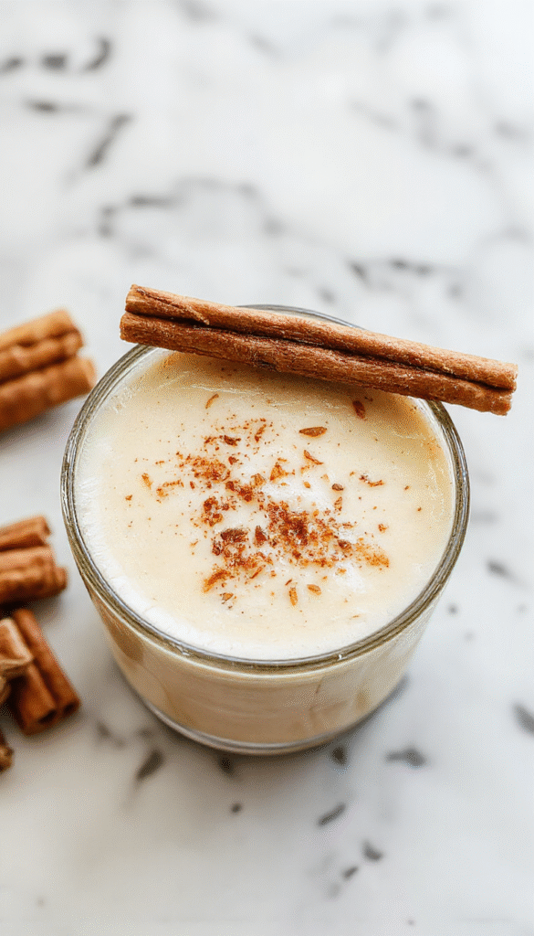 A steaming cup of vanilla cinnamon latte with swirls of whipped cream and cinnamon on top, placed on a rustic wooden table. The latte is rich in creamy beige and dark coffee tones, topped with a dusting of cinnamon and a vanilla bean pod as decoration. The background features a cozy kitchen setting with soft natural lighting and warm tones, enhancing the inviting and indulgent atmosphere.