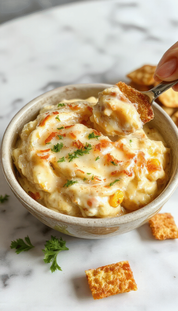 A vibrant bowl of crack corn dip featuring a creamy, cheesy texture with visible chunks of corn topped with chopped green onions, served with crispy tortilla chips on a rustic wooden platter