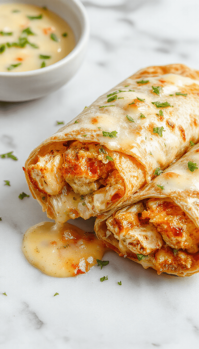 A close-up shot of cheesy garlic chicken wraps on a white plate featuring golden-brown tortillas filled with tender chicken, melted cheese, and fresh herbs. The wraps are sliced open to reveal gooey cheese and juicy chicken, garnished with chopped parsley. The vibrant colors of the ingredients contrast with the crispy texture of the tortillas, styled with a rustic wooden background and natural lighting.