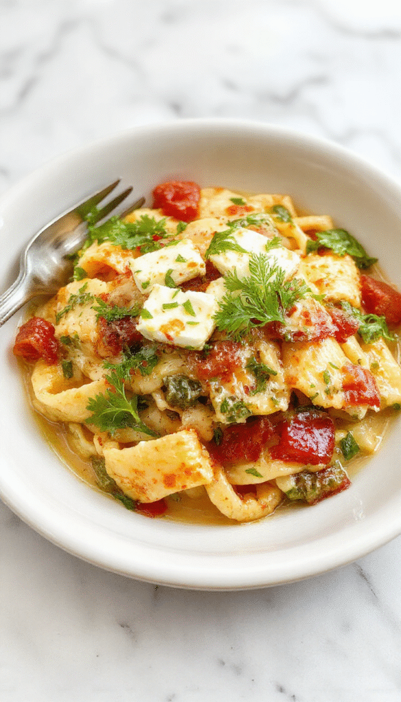 Colorful veggie pasta topped with golden baked feta cheese, garnished with fresh herbs, served on a white plate with vibrant cherry tomatoes and zucchini slices, showcasing a textured mix of creamy sauce and roasted vegetables, styled simply on a rustic wooden table