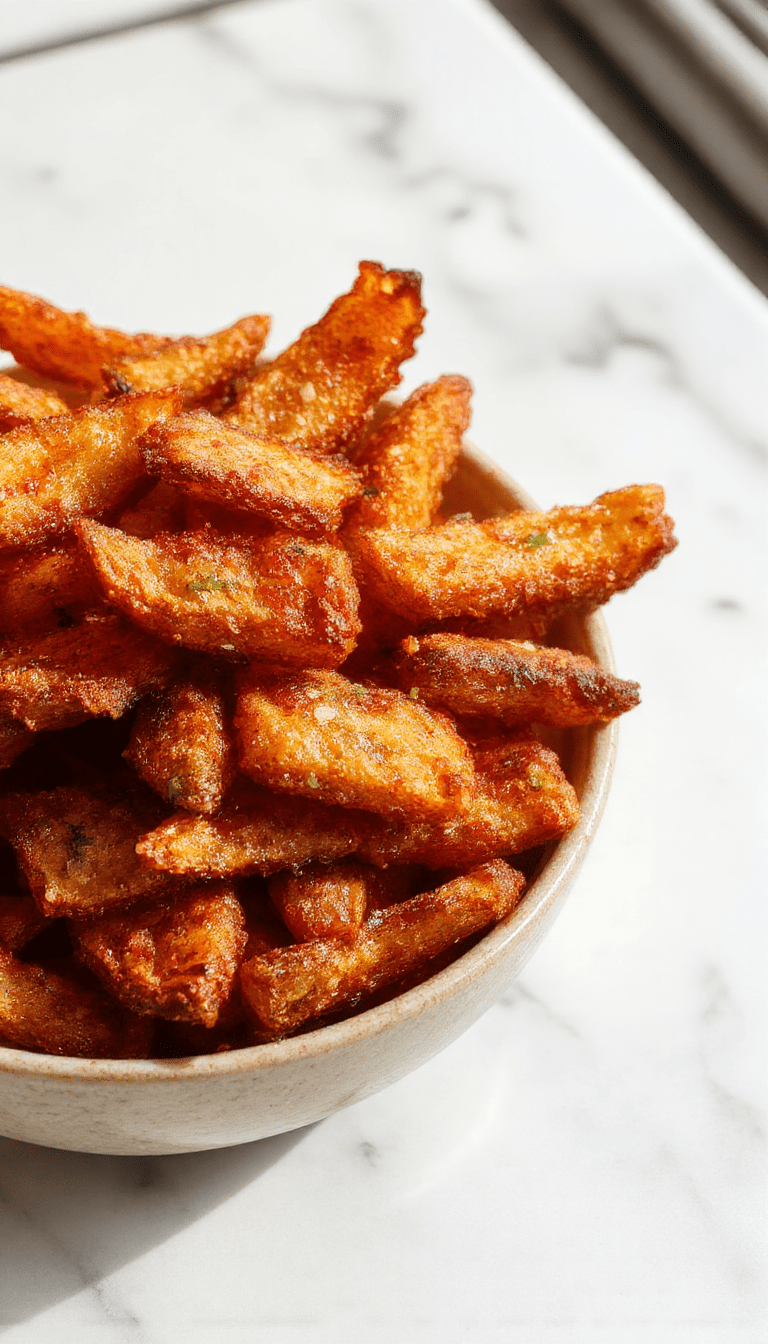 Golden crispy sweet potato fries arranged on a rustic wooden table, lightly salted, with a side of dipping sauce and fresh herbs, showcasing their crunchy texture and vibrant orange color.