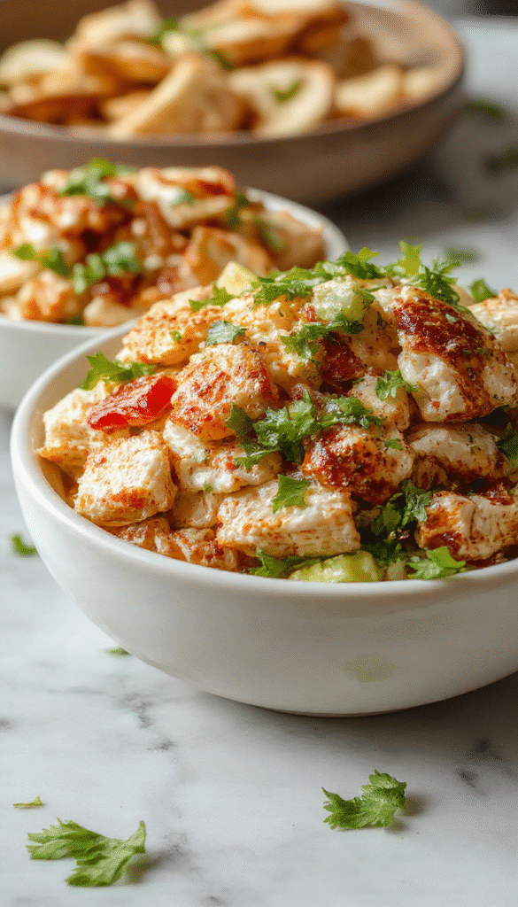 A vibrant salad featuring crispy shredded chicken slices atop fresh mixed greens, colorful bell peppers, shredded carrots, and crunchy Asian noodles, all drizzled with a glossy sesame dressing, styled in a clean white bowl with chopsticks on a wooden table