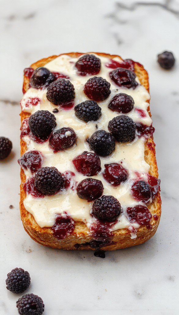 A loaf of blueberry cream cheese bread sliced open, revealing a creamy blueberry filling and soft, golden crust. The slices are arranged on a rustic wooden board, garnished with fresh blueberries and a dusting of powdered sugar. The vibrant blue and purple hues of the blueberries contrast with the creamy white filling and warm bread tones, styled with a sprinkle of mint leaves for freshness.