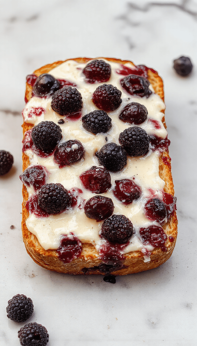 A loaf of blueberry cream cheese bread sliced open, revealing a creamy blueberry filling and soft, golden crust. The slices are arranged on a rustic wooden board, garnished with fresh blueberries and a dusting of powdered sugar. The vibrant blue and purple hues of the blueberries contrast with the creamy white filling and warm bread tones, styled with a sprinkle of mint leaves for freshness.