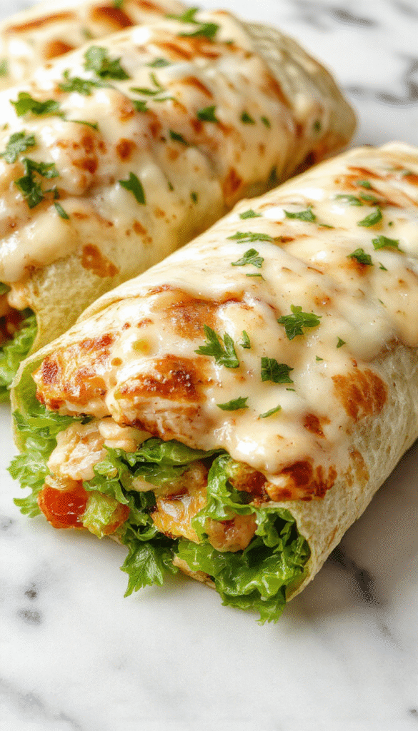 Colorful chicken Caesar wrap sliced open to reveal fresh romaine lettuce, grilled chicken slices, shredded Parmesan cheese, and creamy Caesar dressing, all wrapped in a soft flour tortilla with a golden-brown exterior, garnished with a sprinkle of herbs and Parmesan curls.